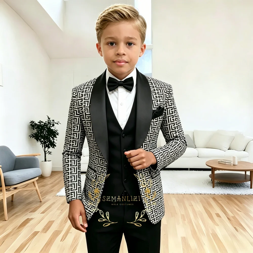 Fashion Plaid Boys Suit 3 Pieces Set Blazer For Kids Wedding Tuxedo Jacket Vest Pants Boys Slim Fit Clothes 2-16 Years Old