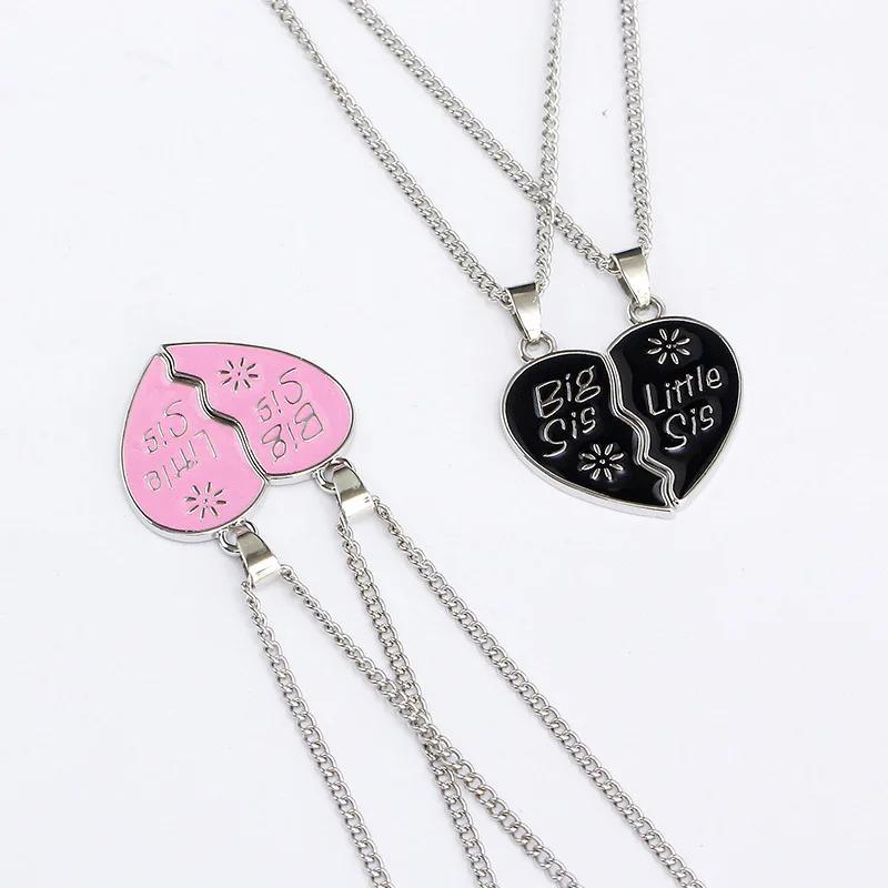 2pcs Big Sis Little Sis Necklace for Grils Women Fashion Love Heart Necklaces Pendant Sister Best Friends Birthday Gifts view 2