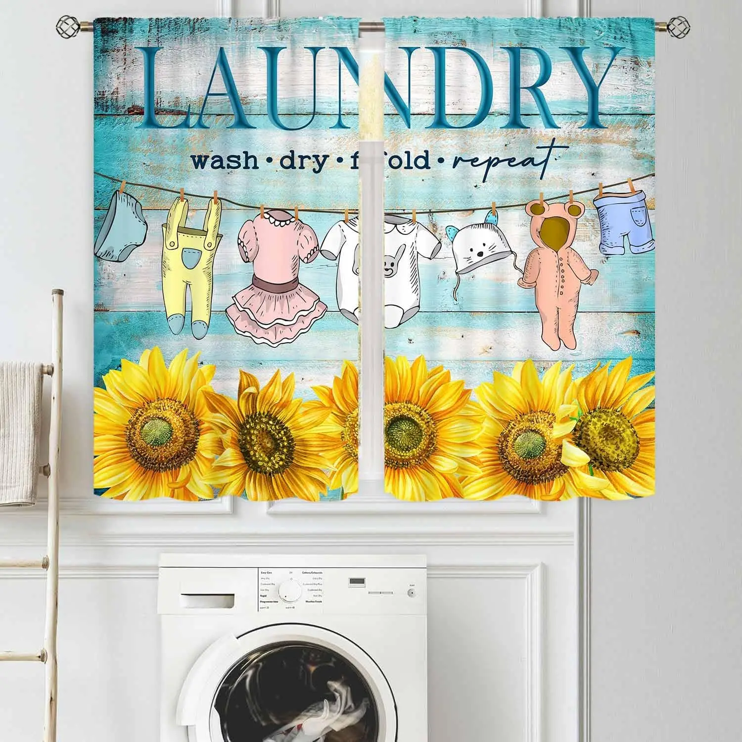 Laundry Room Curtains for Windows, Vintage Farmhouse Sunflower Rustic Blue Words Watercolor Hanging Clothes Laundry Treatments