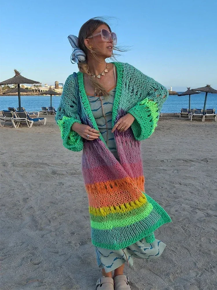 Luxuriously Handknit Boho Colorful Coat Bell Sleeve Crochet Kimono Cardigan 2024 Fall Winter Knit Beach Dress Women Cover Up K12