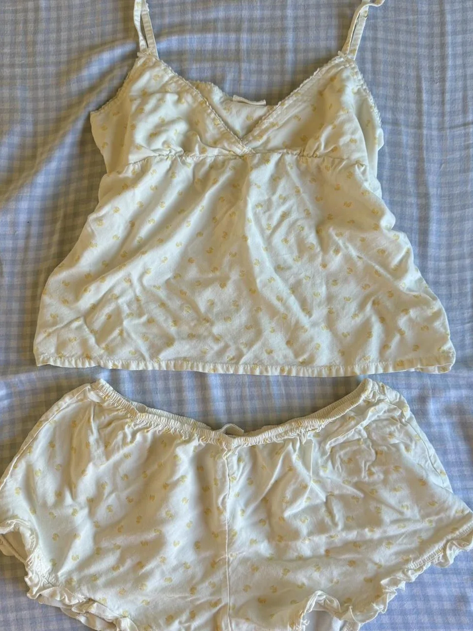 

Little Duck Print Tank Shorts Pajama Set Woman Back Lace-up Bow V-neck Camis+Ruffles Sweatshorts Cotton Sweet Home 2 Piece Sets