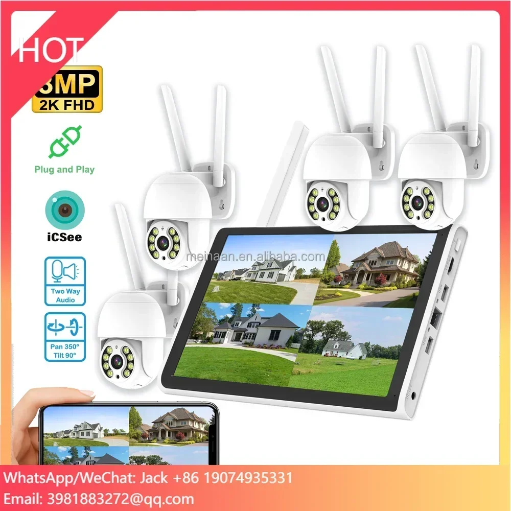 

OEM 3MP ICSee Xmeye Home WiFi 10 Inch 4CH LCD NVR CCTV PTZ Camera Kit Wireless WiFi Outdoor Security CCTV Camera System