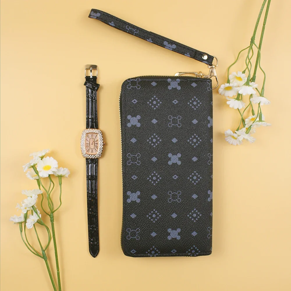 Relógio Retro de pulseira de couro para mulheres, carteira requintada, sacos clássicos, senhoras de luxo, atividades ao ar livre, 2pcs set