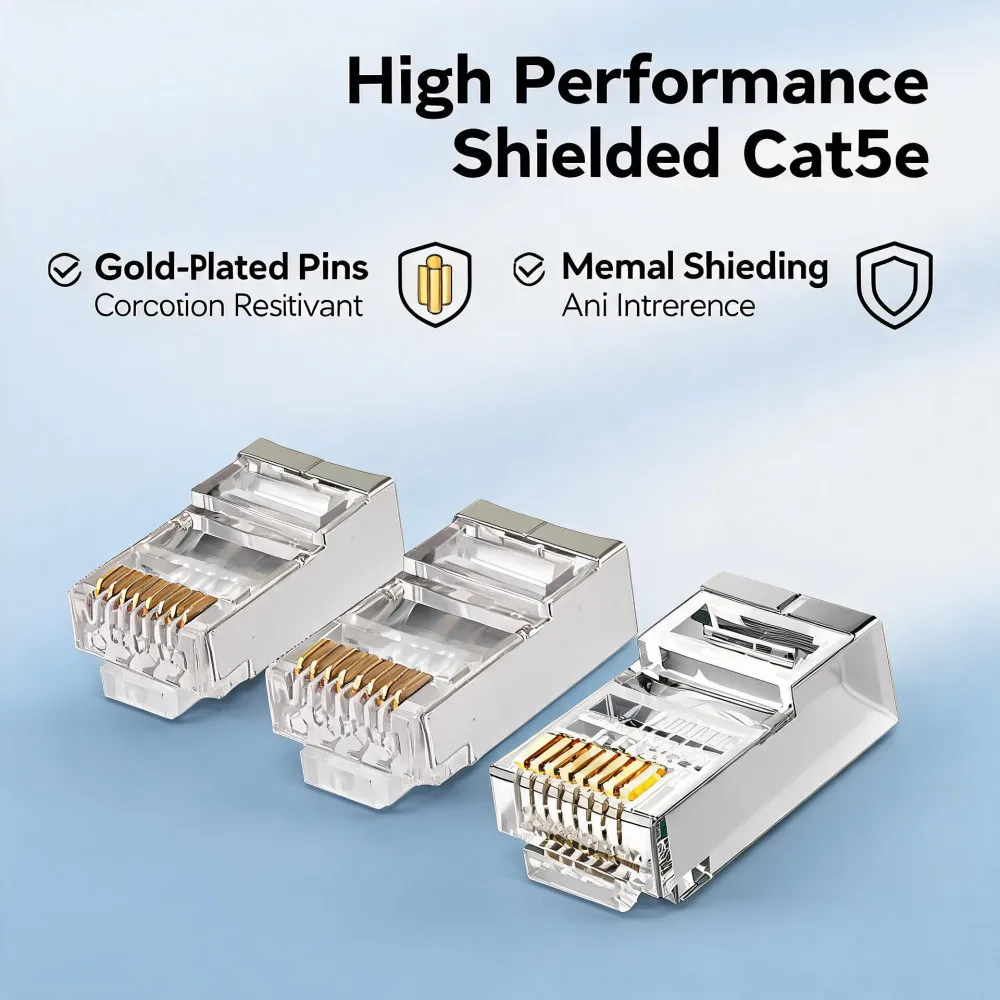 10/50/100Pcs Pass Through RJ45 CAT5E Shielded Connectors Crystal End Gold-Plated 8P8C Crimp UTP Ethernet Modular Plug