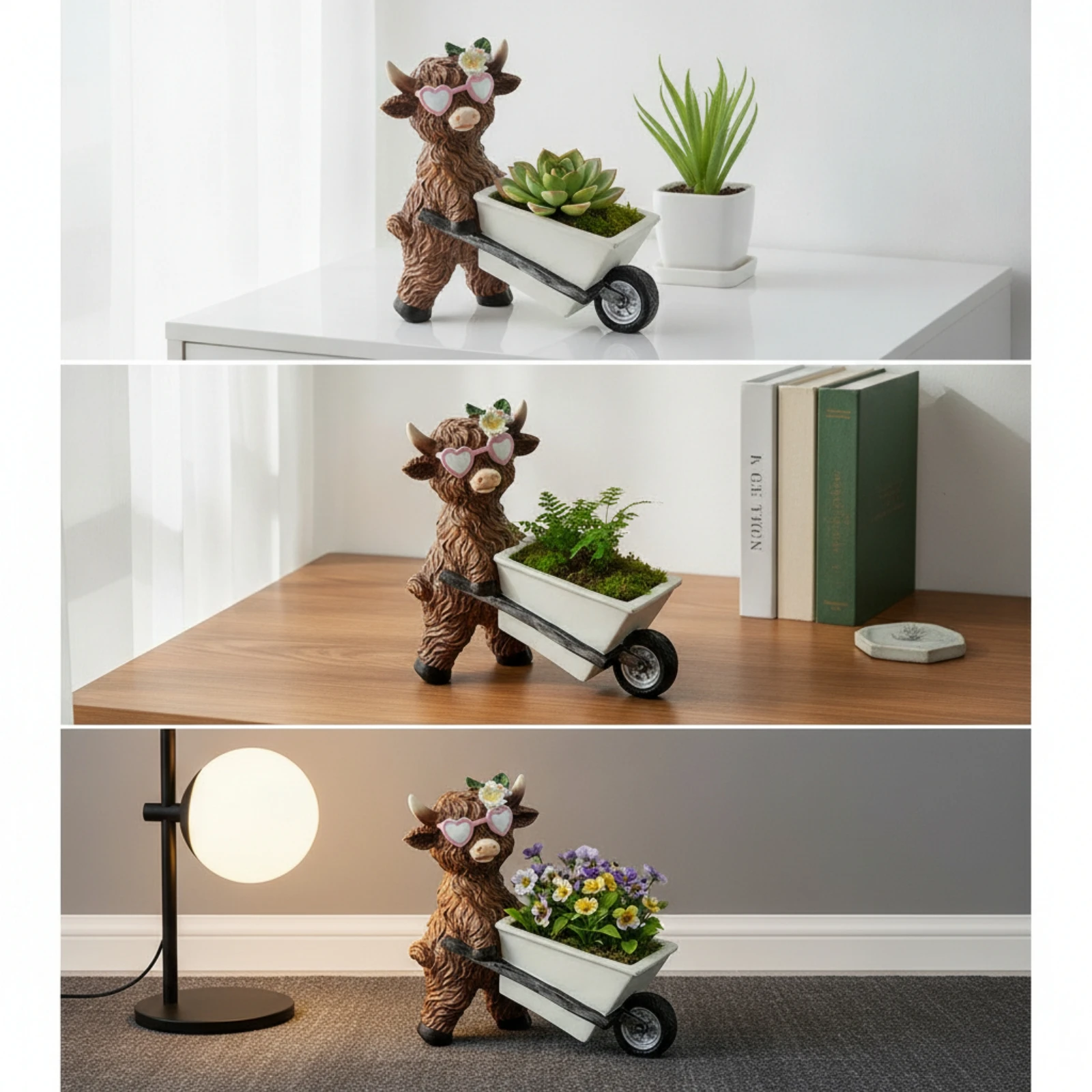 Highland Cow Figurine with Wheelbarrow Planter Adorable Highland Cow Planter Succulent Pot Rustic Small for Plant Lovers, Desk