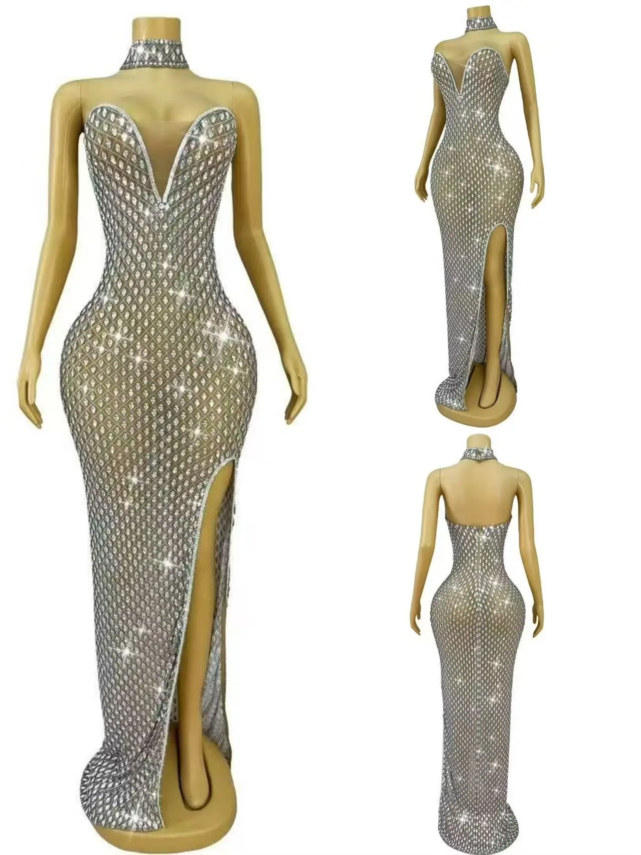 여성 생일 축하 저녁 댄스 파티 드레스 파티 클럽 무대 의상 고급스러운 전체 라인 석 메쉬 투명 롱 드레스