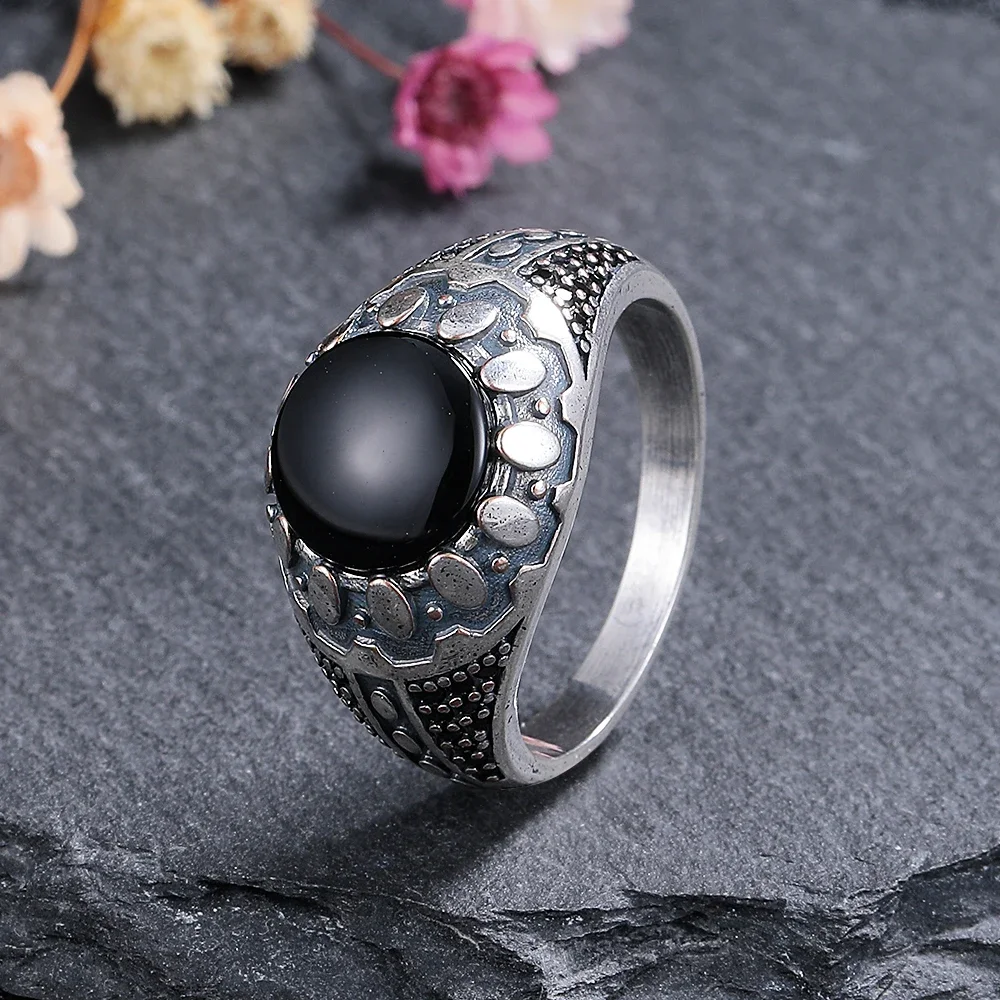 925 Sterling Silver Jewelry Ring Natural 10mm Round Big Black Agate Stone Vintage Ring For Women Party Gifts