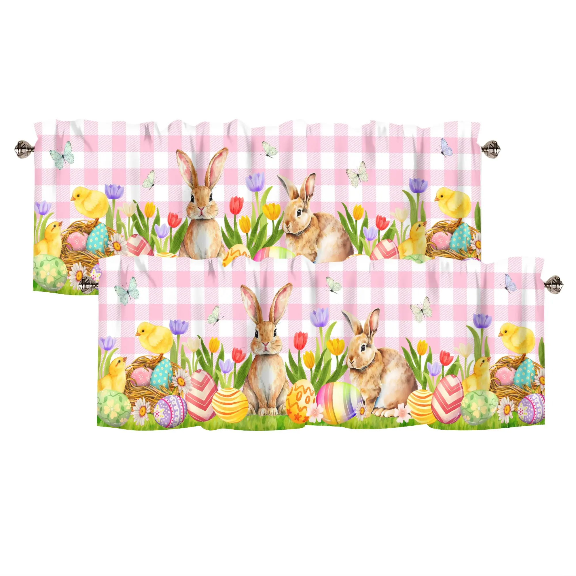 2 Piece Easter Bunny Valance Curtain for Window, Rabbits Eggs Grass Kitchen Valances Tulip Butterfly Pink Buffalo Short Curtain