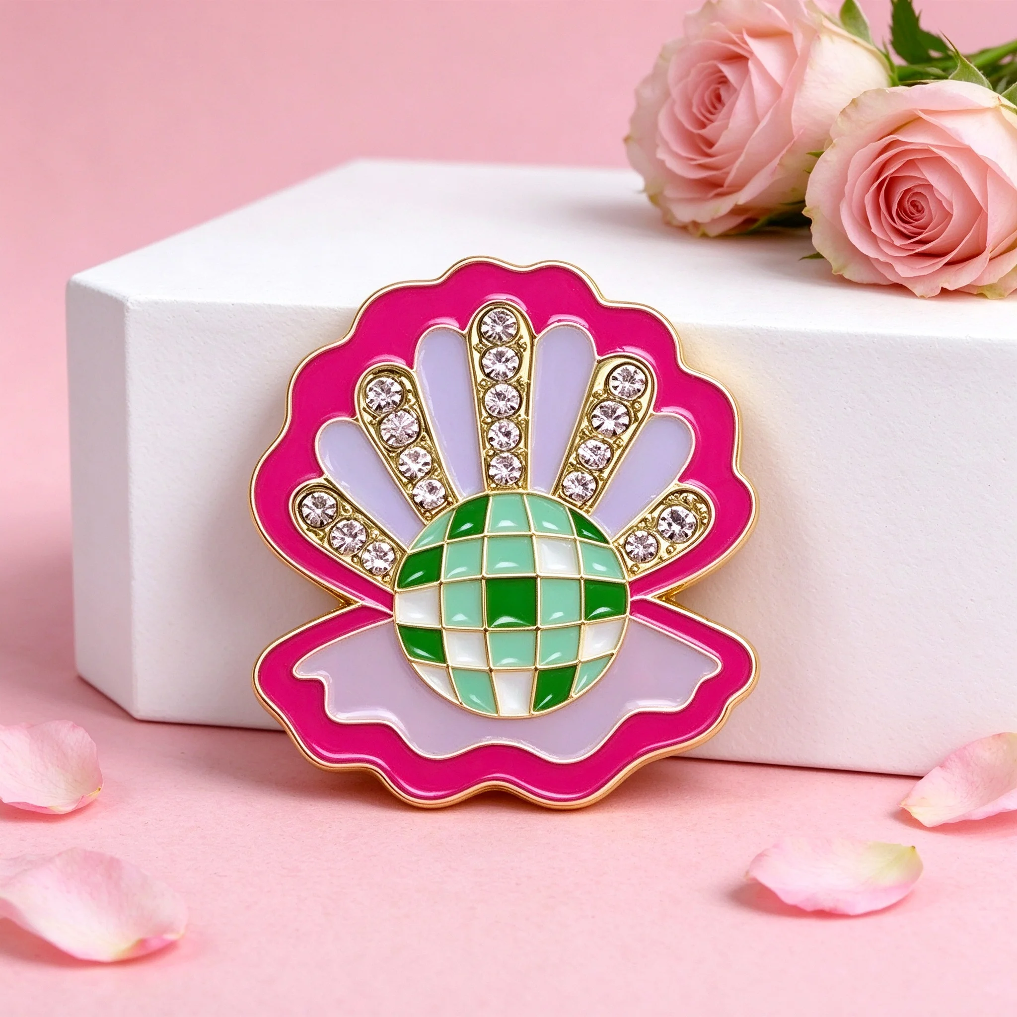 Fuchsia Scallop Shell Lavender Fan Clear Rhinestones Green White Checkered Disco Ball Enamel Brooch Backpack Coat Badge Gift 1 P