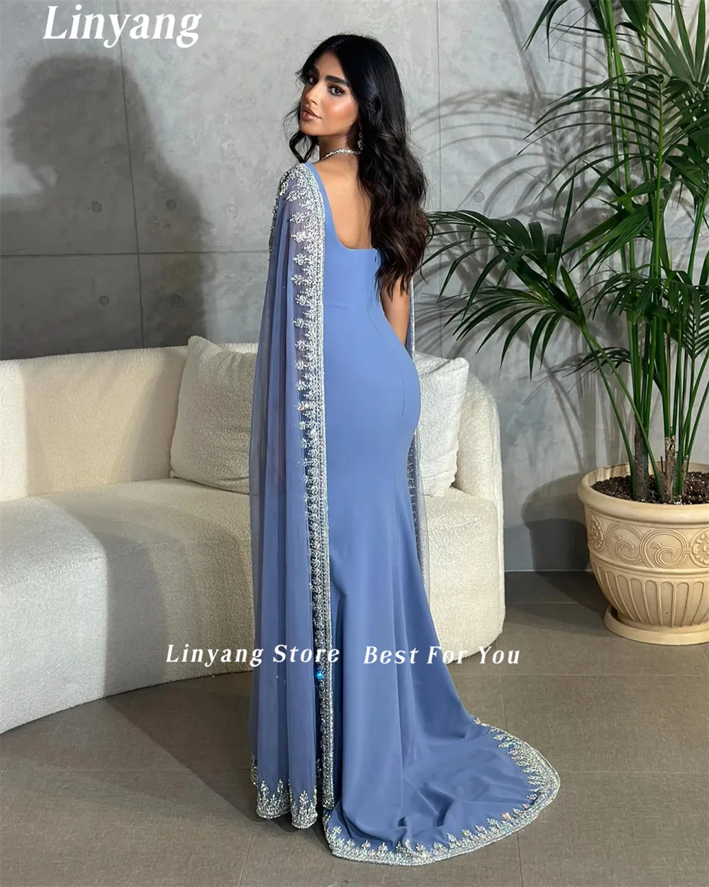 Linyang Luxury Square Collar Prom Dress with Long Beaded Cape Sleeves Mermaid Elegant Saudi Women Formal Party Dresses