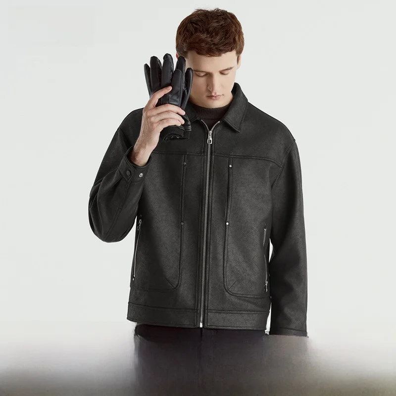 

Men's Faion Suede Jaet Spring Autumn New Sle Retro Workwear Coat Metal Decoration Stand Fit Polyester Fiber Zipper C...