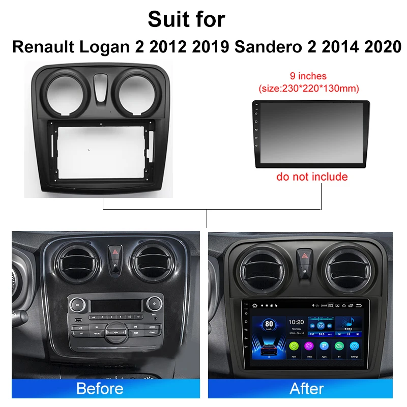 9inch Car Radio For Renault Logan 2 2012 - 2019 Sandero 2 2014 - 2020 Android 2 Din Stereo Mounting Bezel Faceplate Frame Kit