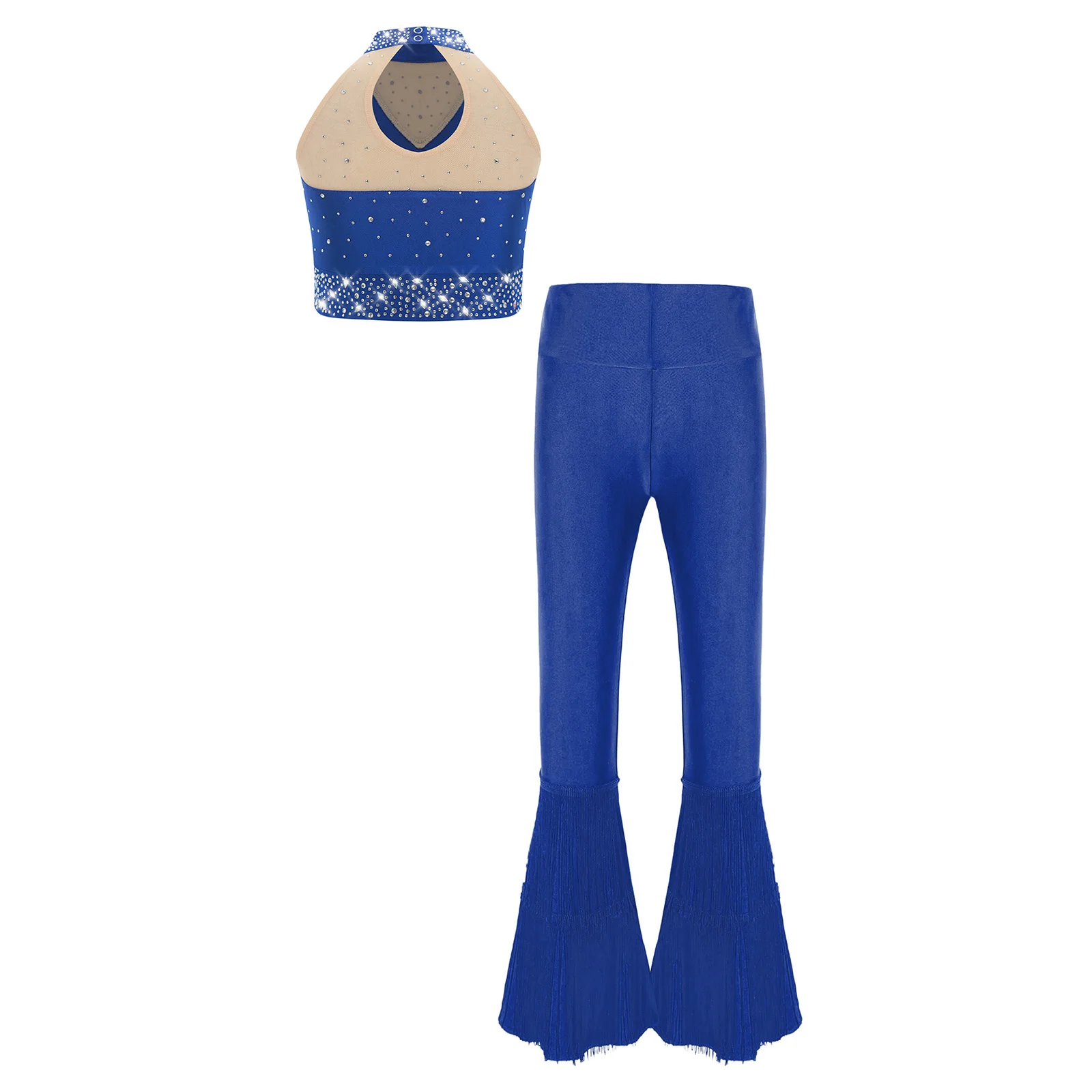 키즈 소녀 라틴 댄스 복장 반짝 이는 라인 석 조끼 탱크 탑 + 태슬 벨 바닥 바지 세트 볼룸 룸바 삼바 댄스 의상