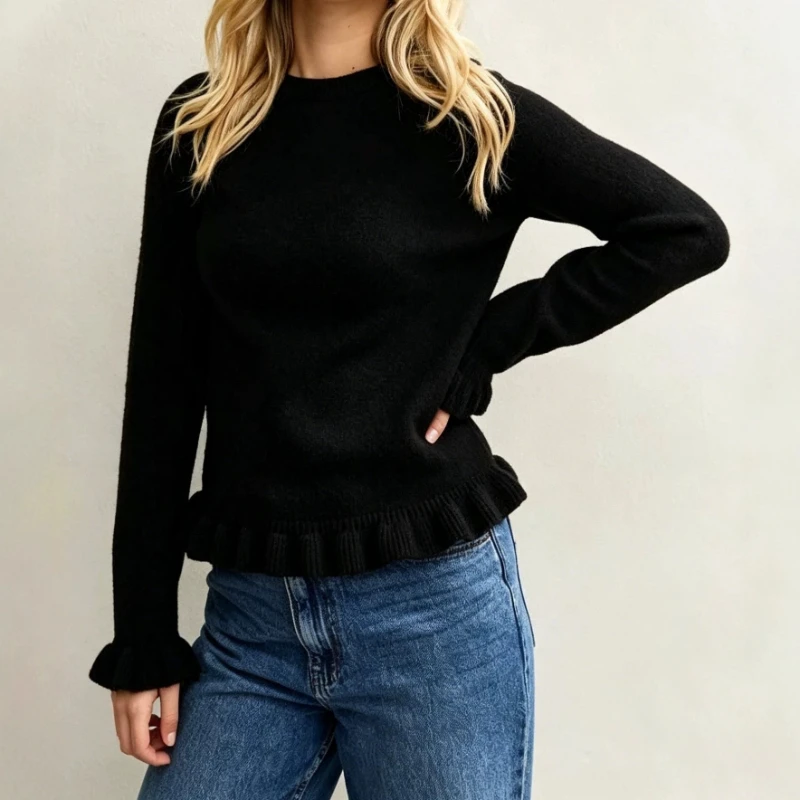 2026 Autumn New Women's Solid Color Round Neck Long Sleeved Pullover Knitted Sweater