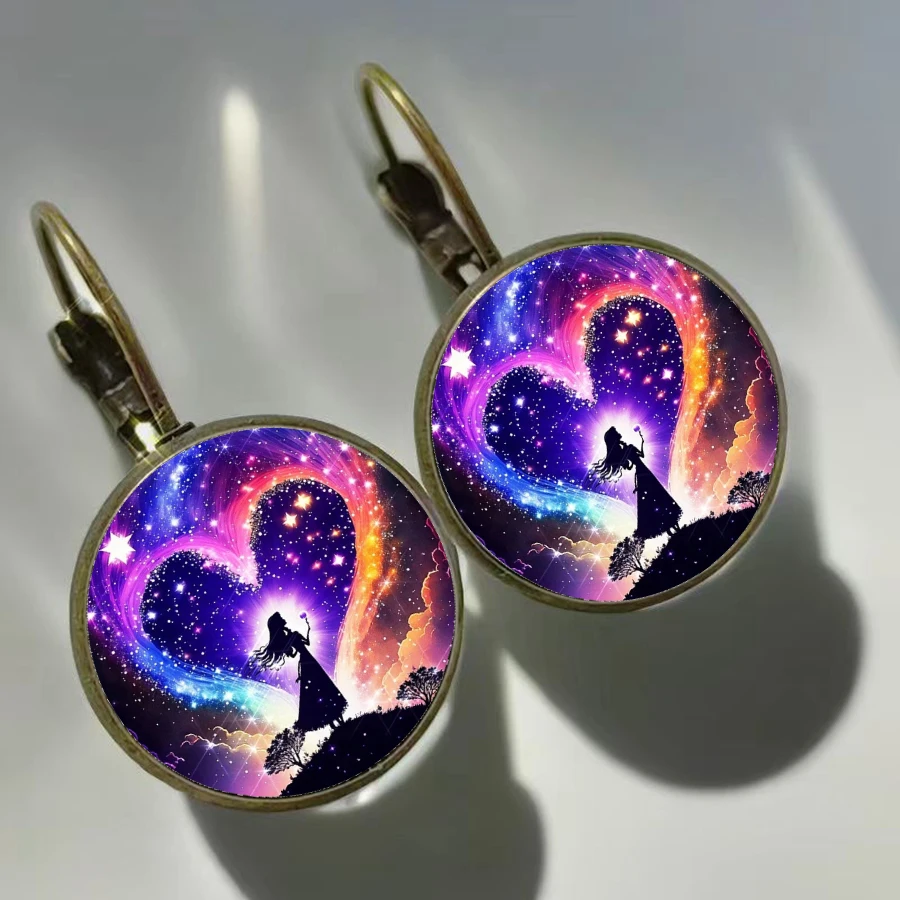 Dream Moon Tree Earrings Hot Selling Colorful Moon Picture Glass Convex Round Earrings for Women\'s Birthday Gifts Jewelry