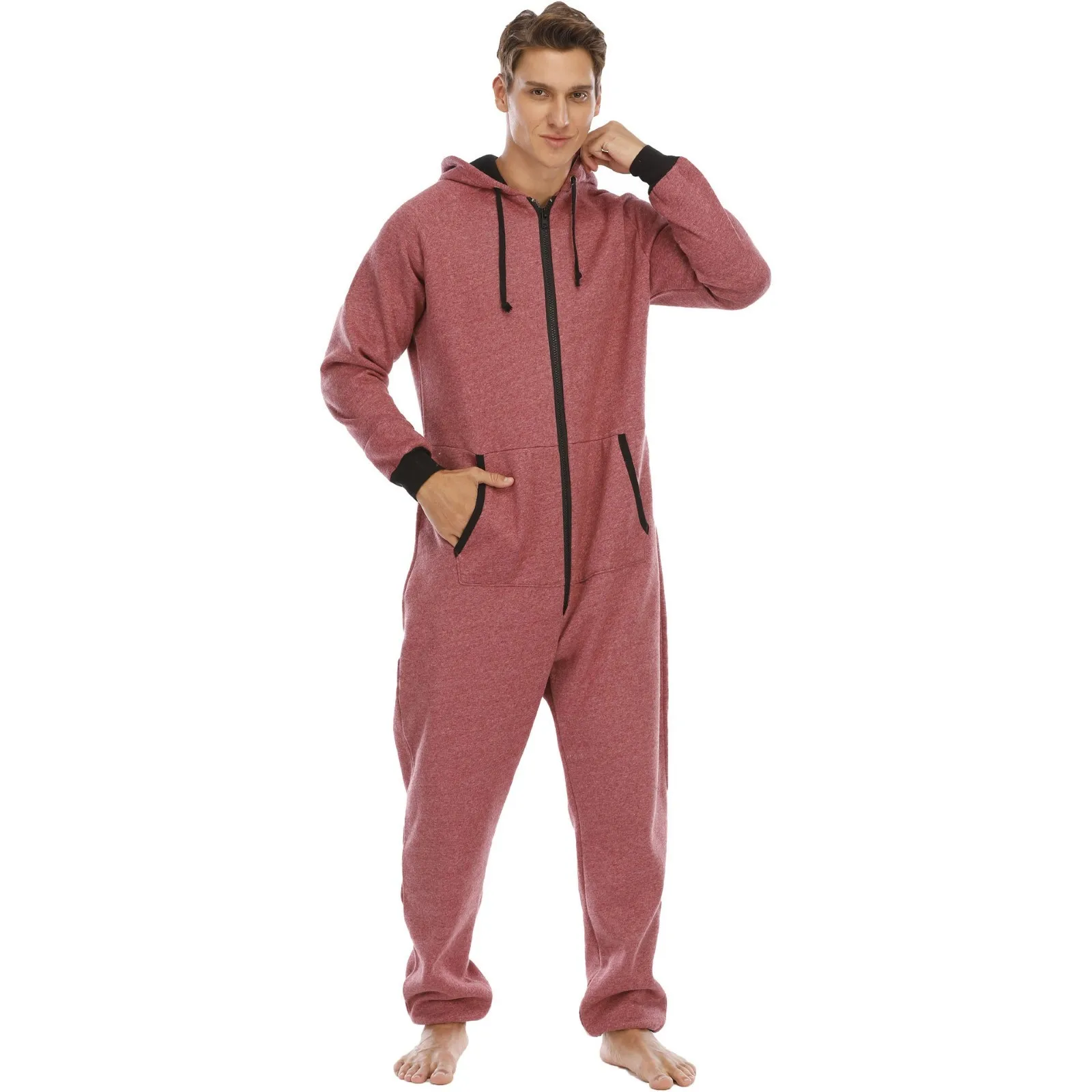 2024 Sleepwear Long Sleeve Solid Color One Piece Pajamas Casual Homewear Nightgown Men Buttons Up Warm Jumpsuit Nightwear Man