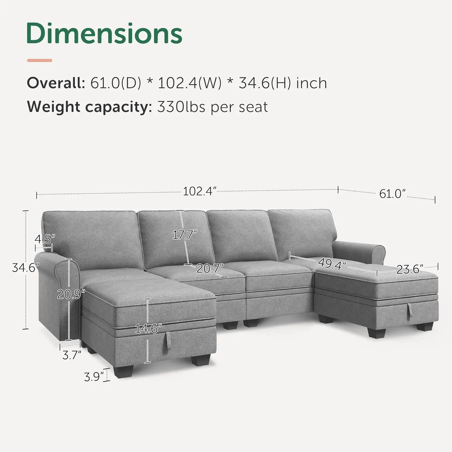 HONBAY Sectional Sofa with Storage Seat U Shaped Sectional Couch with Reversible Chaise Convertible Sectional Couches for Living