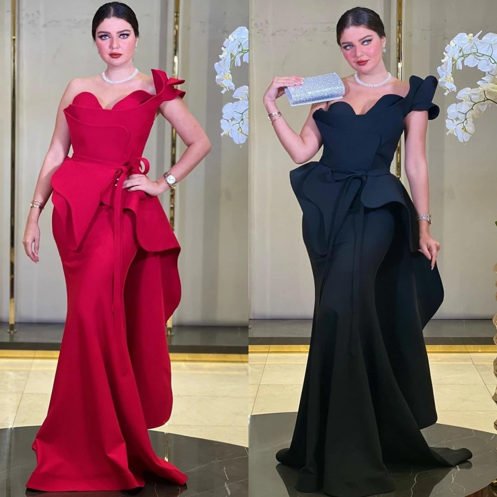  Evening Jersey Ruffle Celebrity Sheath One-shoulder Bespoke Occasion Gown Long Dresses Saudi Arabia  