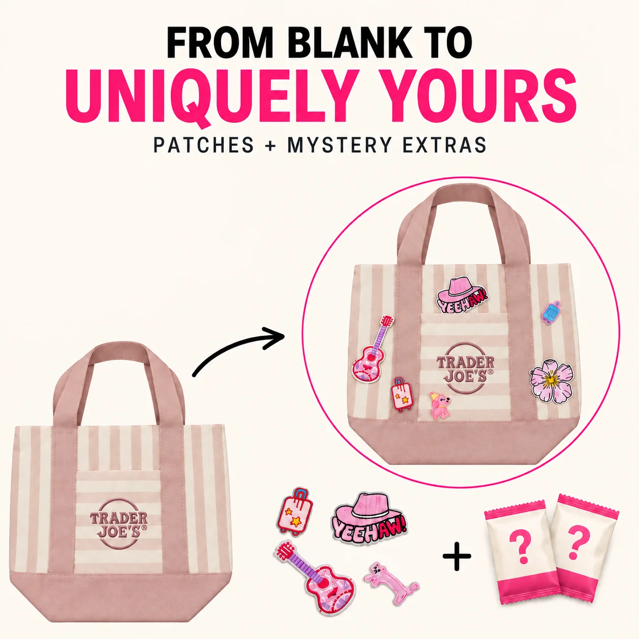 Mini Striped Canvas Tote Bag & Embroidered Patch Set for Women, Fixed & Random Themed Patches for Shopping and Daily Use