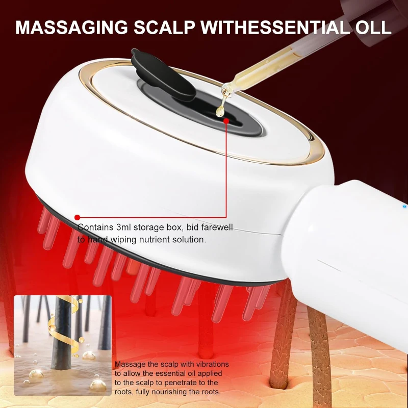 Portable Battery-Powered LED Light Therapy Electric Hair Brush Comb Scalp Massager EMS Vibration 3 Modes USB/Type-C Charging
