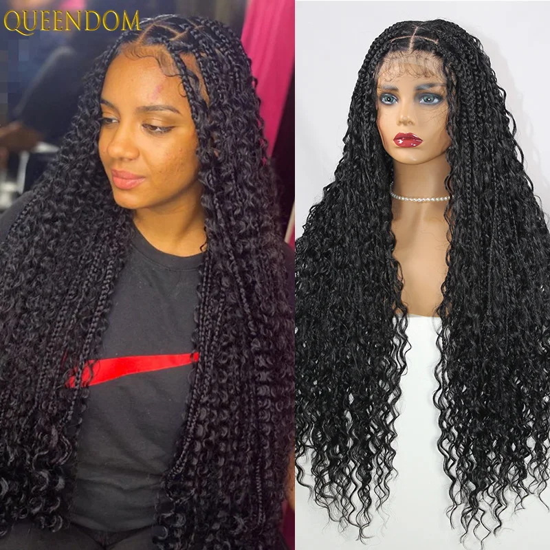 

Full Lace Cornrow Braids For Black Women Knotless Curly Braid Wig Synthetic Bohemia Braided Wigs 32'' Glueless Box Braided Wigs