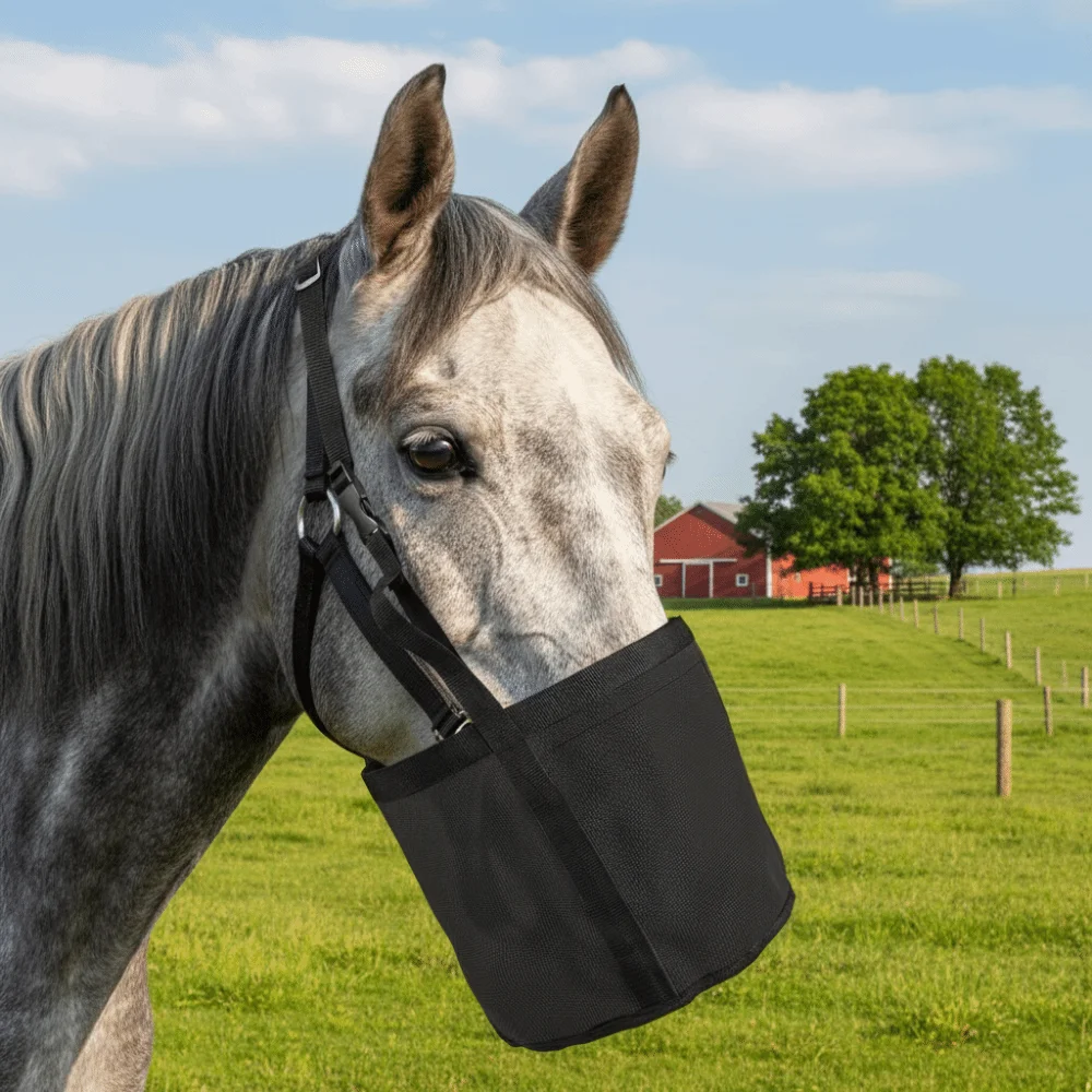Multi-color Leak-Proof Horse Feeding Bag Elastic Mesh Grazing Muzzle Adjustable Breathable Horse Feed Bag Outdoor