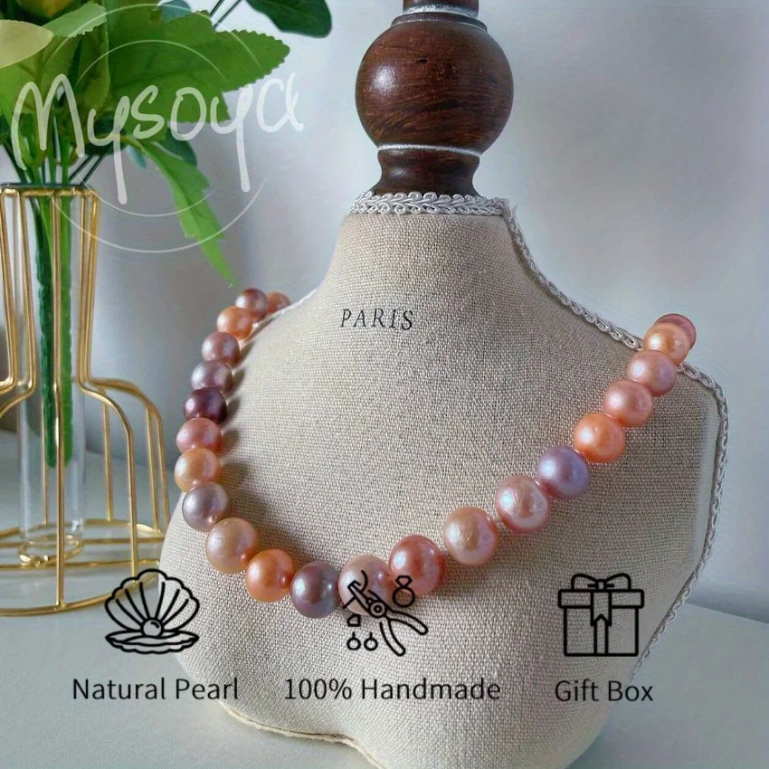 

MYSOYA 10-13mm Natural Large Pink Purple Candy Freshwater Pearl Necklace Luxury Gift Box Handwritten Card Birthday Wedding Gift