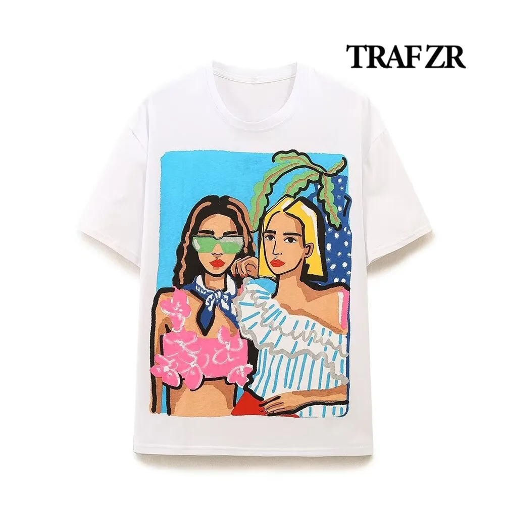 

TRAF ZR Casual Short Sleeve Tops Woman 2024 O-neck T-shirts for Women Classic Fashion Tees High Street Basic Y2k Top COTTON