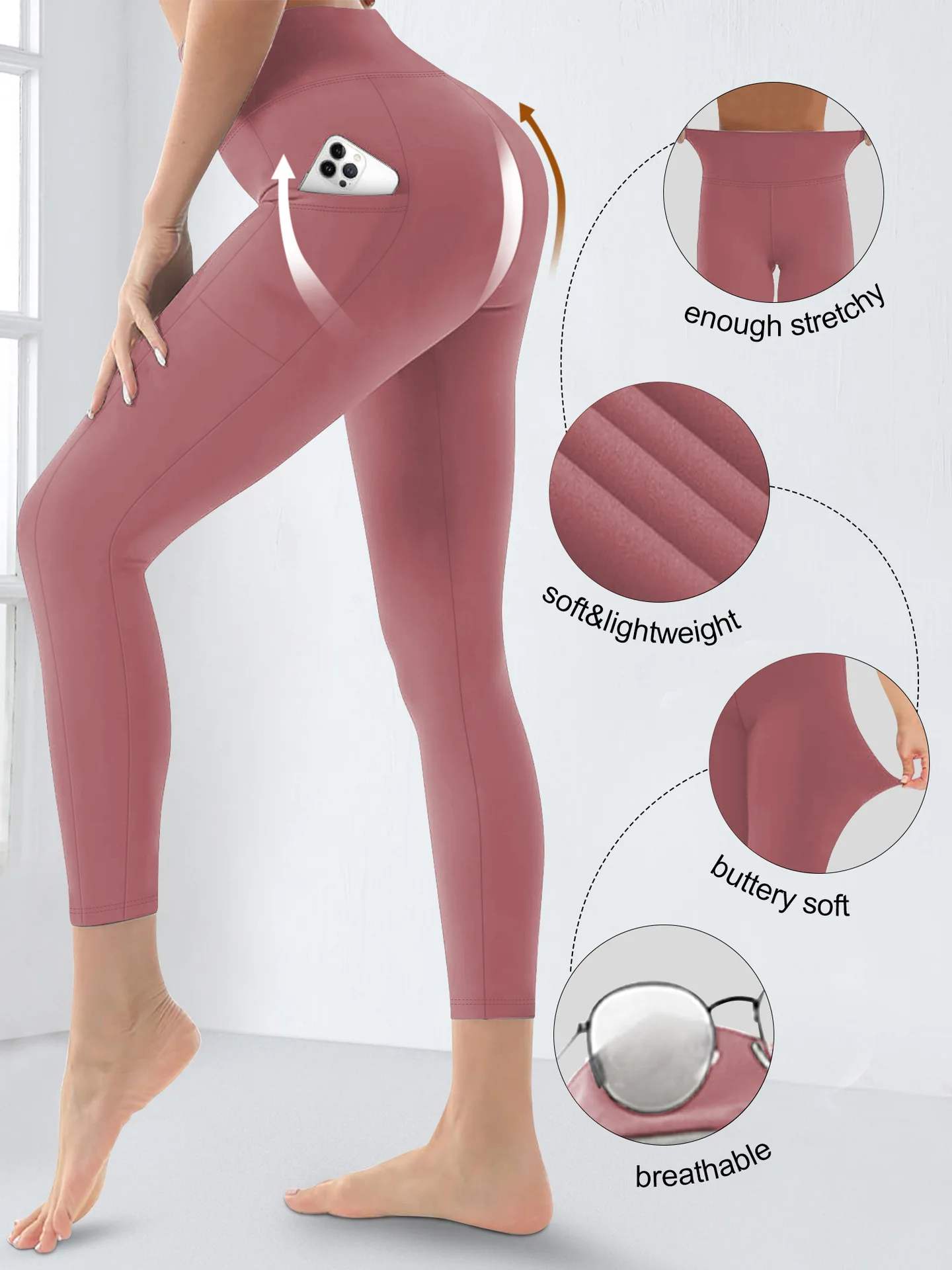 Damen-Yogahose mit hoher Taille, Übergröße, Po-Lifting-Workout-Leggings mit Taschen, elastische Activewear für Fitnessstudio und Laufen – Detail 17