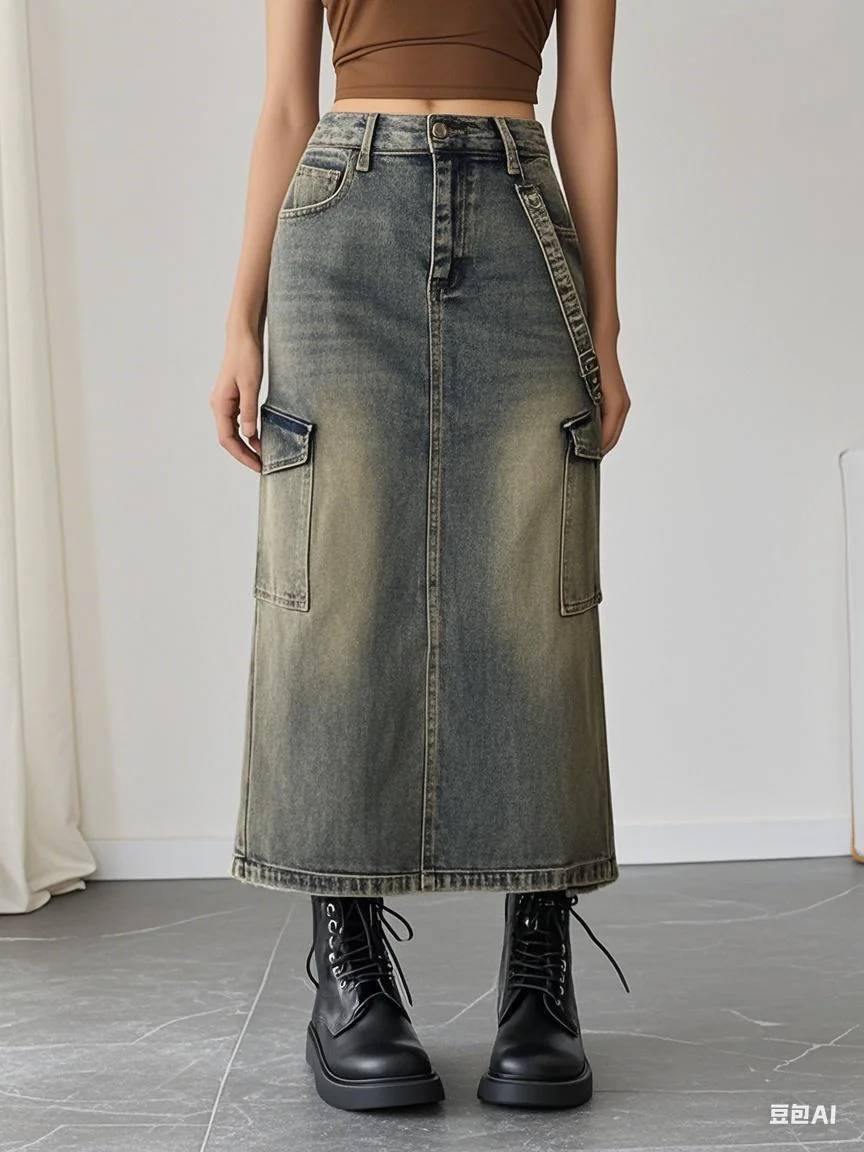 Gonna lunga in denim cargo vintage a vita alta Pantaloni jeans streetwear per donna Moda Y2K Abbigliamento multiuso