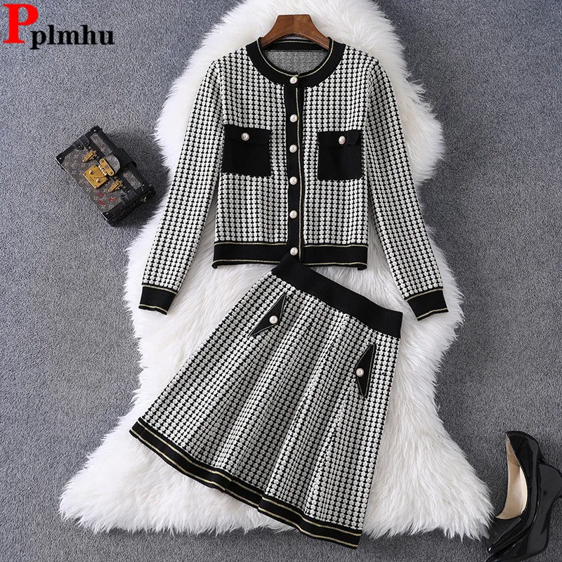 

Elegant Knitted 2 Pieces Sets Women O-neck Single Breasted Knit Tops Conjuntos Korean Casual Elastic Waist A-lined Skirt Outfit