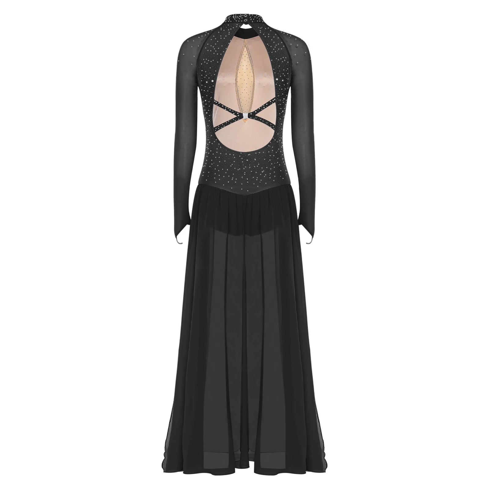 فستان ماكسي للرقص الغنائي الحديث بحجر الراين اللامع للنساء بأكمام طويلة من الشيفون بحاشية فساتين يوتار زي التزلج على الجليد والجمباز