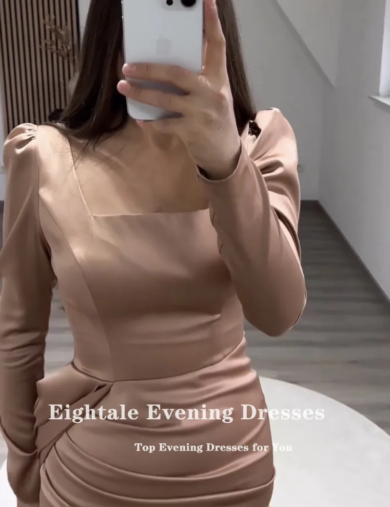 Eightale Formal Occasion Evening Dresses for Wedding Party Customized Satin Mermaid Champagne Long Sleeves Prom Gowns