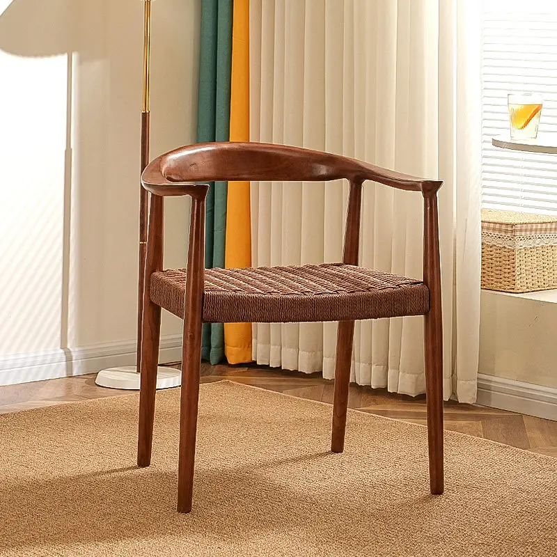 Solid wood presidential chair rope weaving household dining chair single armrest backrest manicure casual restaurant meeting neg