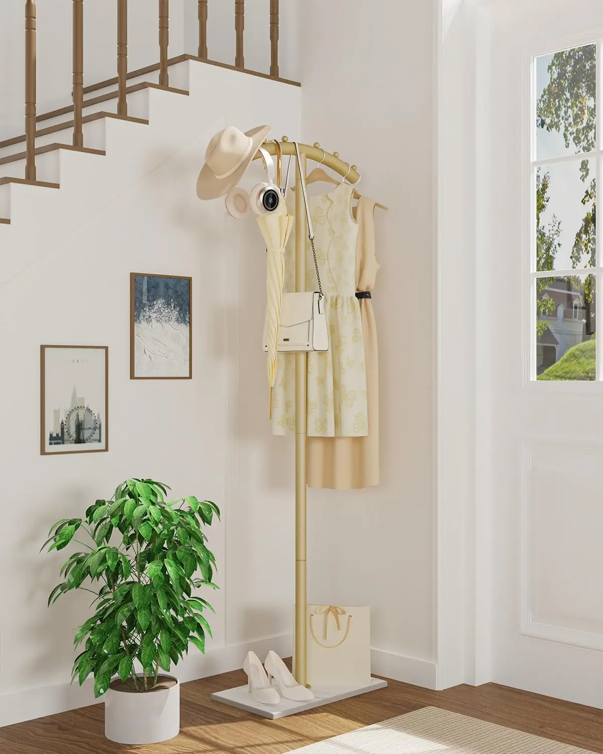 Arcuate Garment Rack, T-shaped Coat Tree Freestanding, Metal Coat Racks, Natural Stable Rock Base, 68.9in, Gold