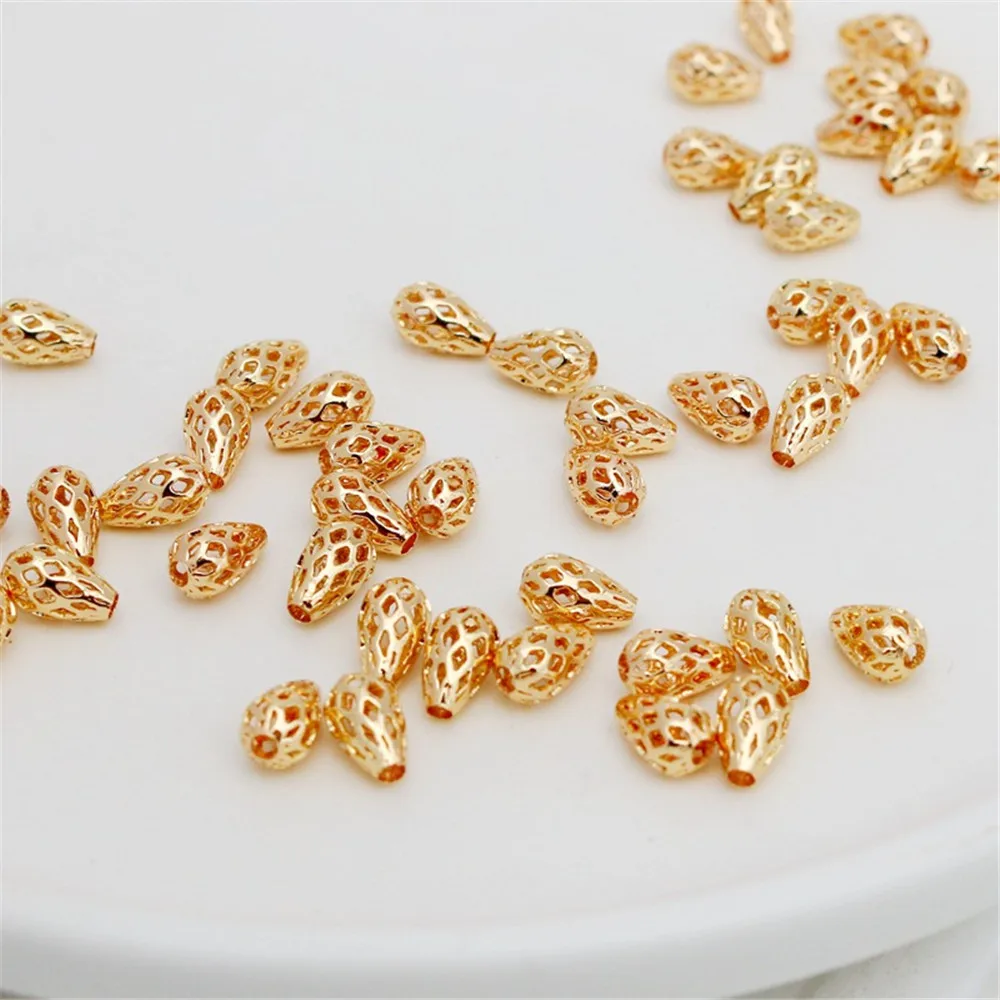 50pcs Hollow Water Drop Beads, 14K Copper Clad, Gold Color, Loose Beads, DIY Jewelry, Handmade Accessories, 5x8mm