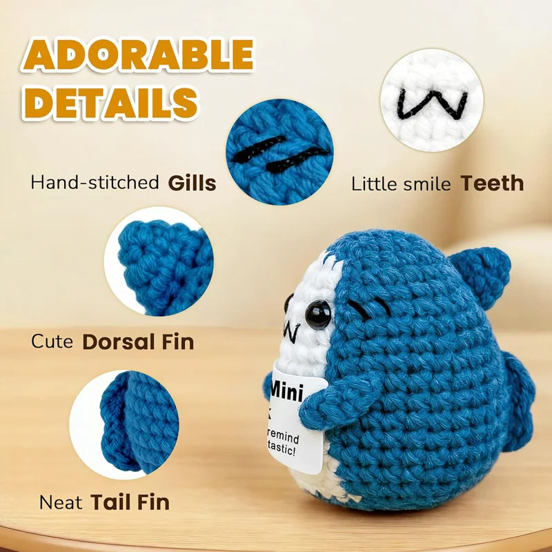 هدية سمك القرش الكروشيه على شكل حيوان إيجابي، قطة عاطفية صغيرة مع رسالة دعم عاطفي محبوكة يدويًا دمية البطريق