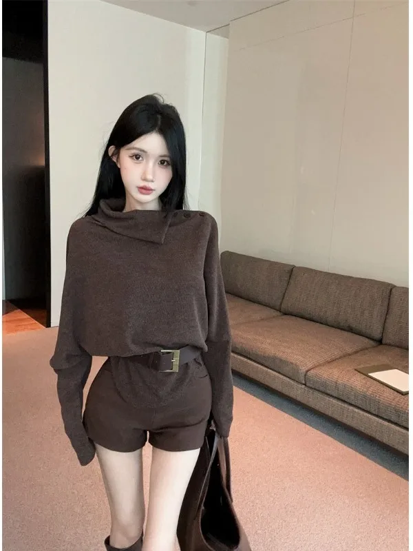 

Fashionable Casual High-End Feeling Asymmetrical Batwing Sleeve Top Elegant Small Audience Collar Knitted Sweater with Belt