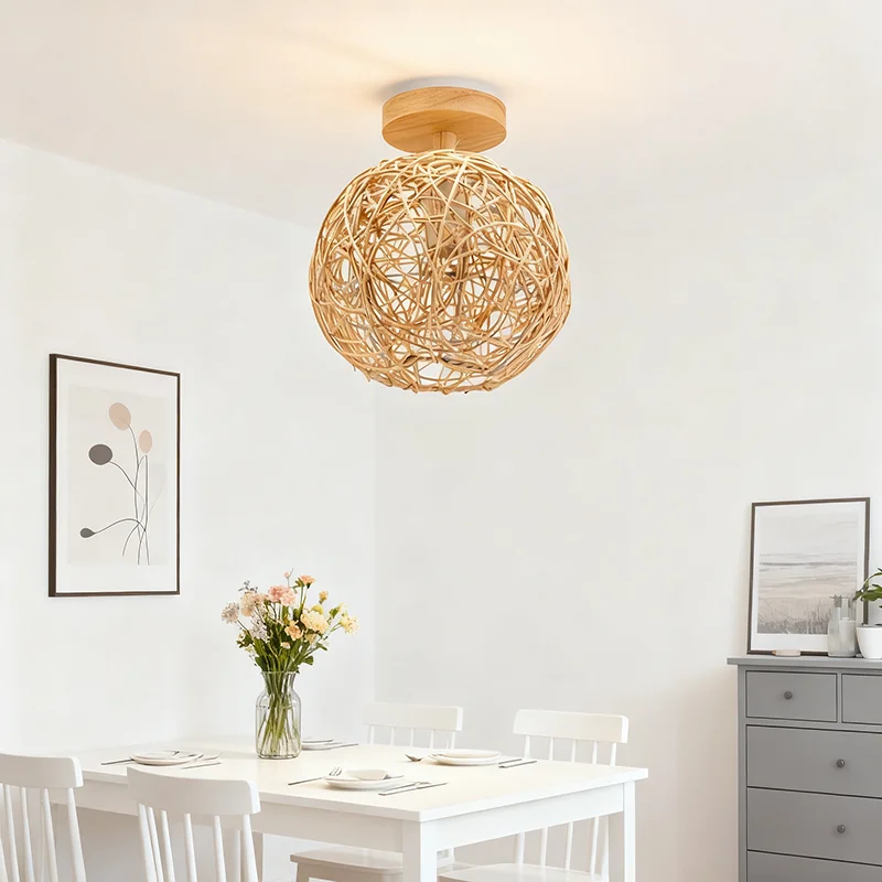 الحديثة الإبداعية الروطان الخيزران تجهيزات ضوء السقف اليد محبوك فلوش جبل E27 للداخلية ديكور جدران غرفة المنزل #3