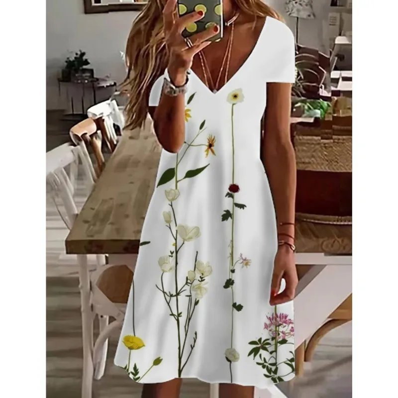 Sexy Summer Women's V-neck Short Sleeve Slim Fit Mini Dresses 2024 Beach Print Retro Femme Elegante Robe Vestidos Mujer 2024