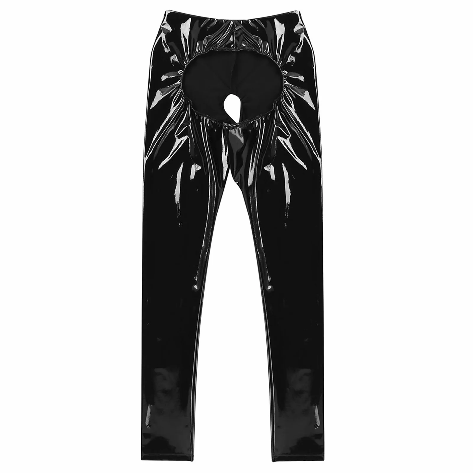 Mens Erotic Open Crotch Latex Leather Skinny Pants Wetlook Cutout Sexy Leggings Crotchless Open Butt Trousers Clubwear Stretchy