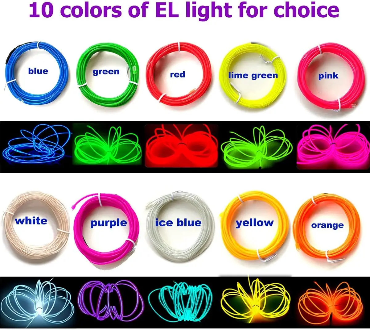 EL Color Glow Wire 3M/5M/10M with USB Adapter Neon Light Strip 360 Cuttable Rope Light for Party Halloween DIY Decor