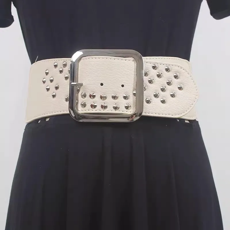 Women\'s Runway Fashion Rivet PU Leather Elastic Cummerbunds Female Dress Corsets Waistband Belts Decoration Wide Belt R858