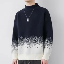 Fashion Stand Collar Spliced Casual Gradient Sweaters Men's Clothing 2023 Winter Loose Knitted pullovers All-match Korean Tops