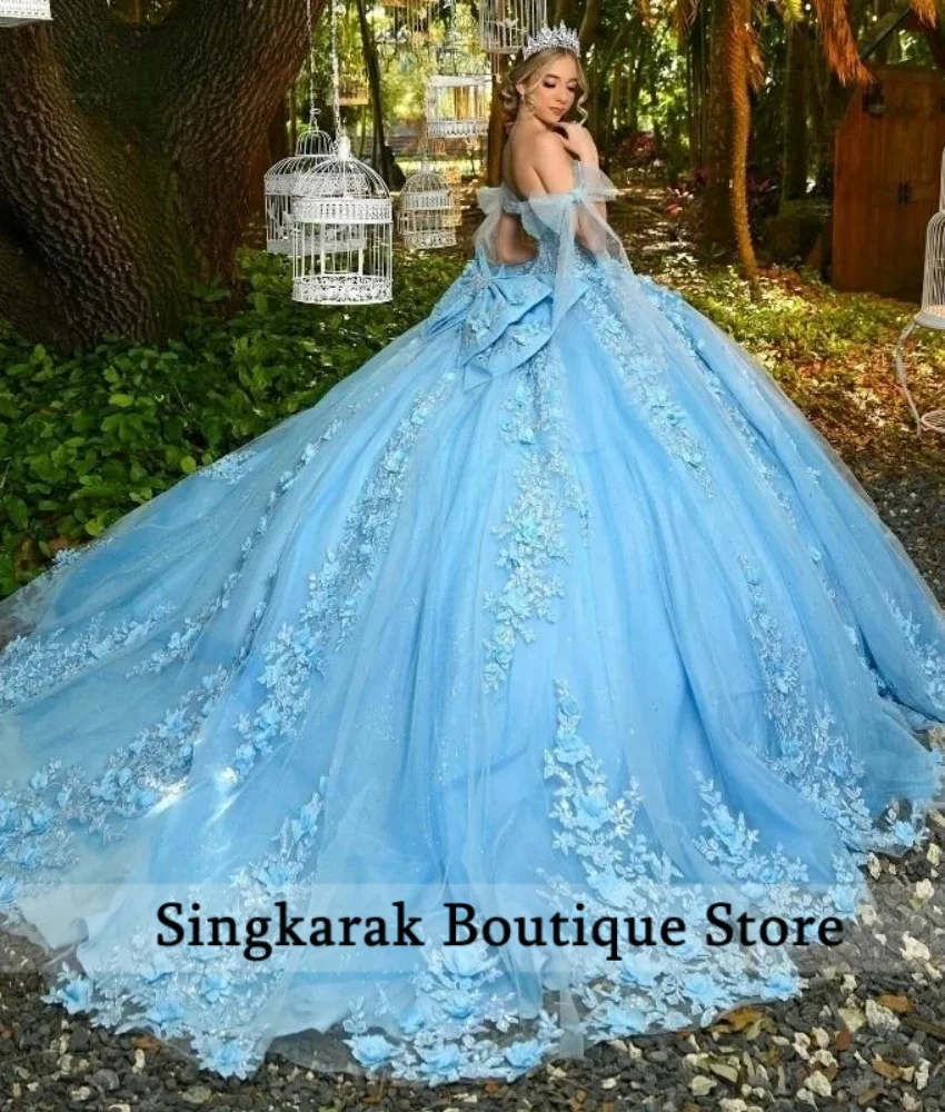 

Elagant Blue Princess Quinceanera Dresses Ball Gown Bead 3D Flower Appliques Vestidos 15 Años Birthday Party Dress Customized