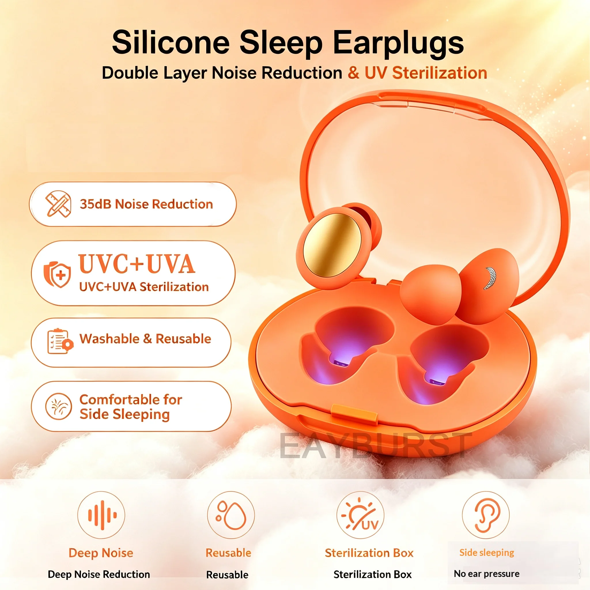 Eayburst Sleep Earplugs with UV Disinfection Box, Sponge Silicone Double Sound Insulation Noise Reduction Ear Plugs for Sleeping