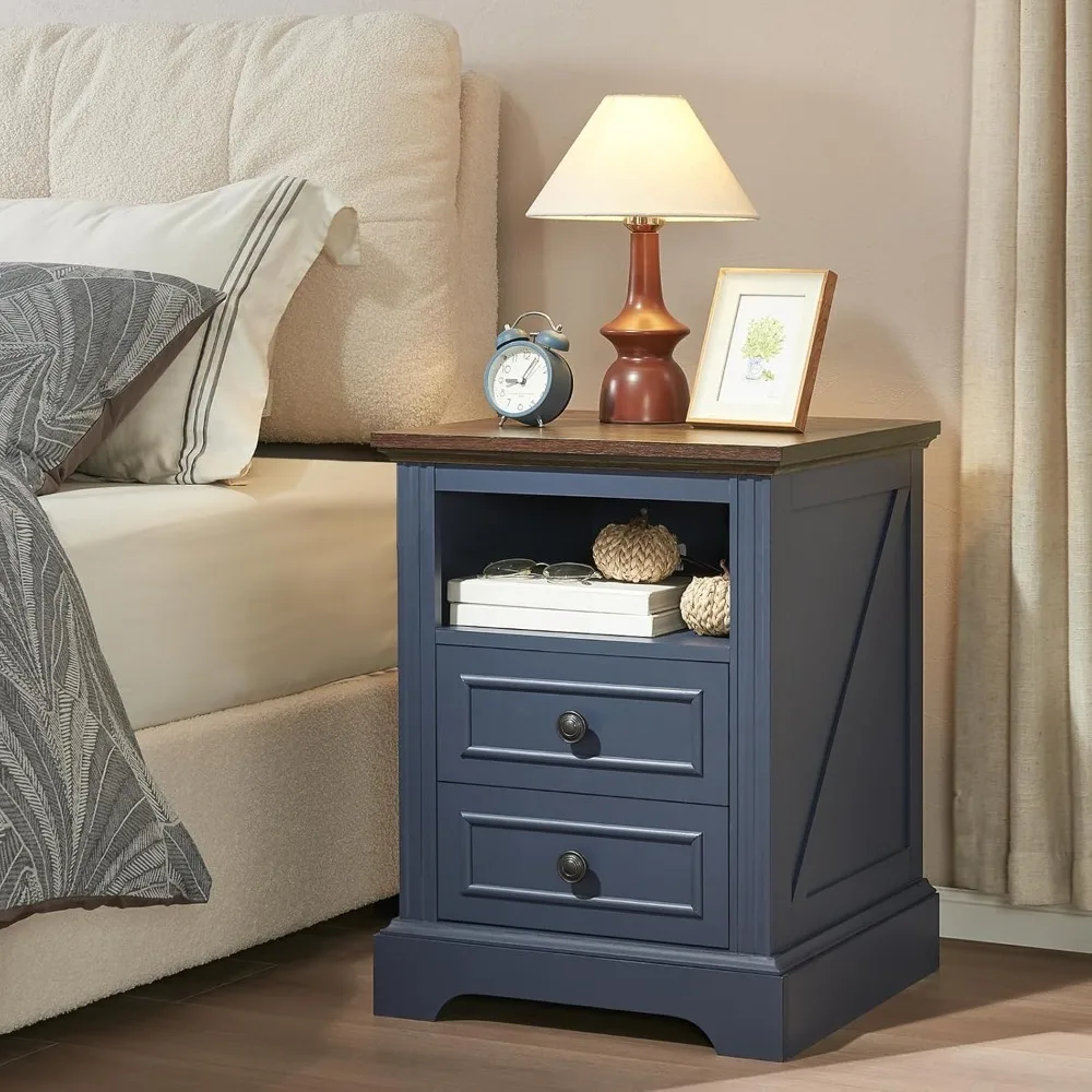 

Nightstand with Charging Station, Side Table with 2 Drawers and Open Storage, 18" Retro Bedside Table, End Table, Customized