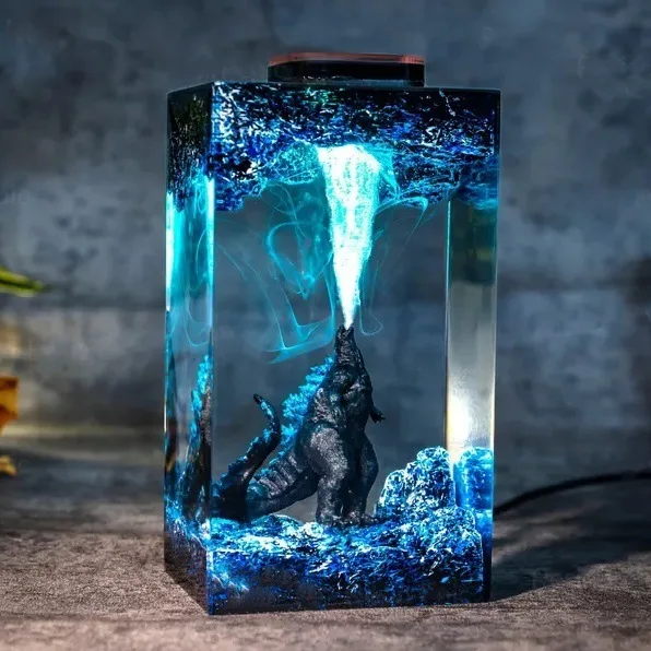 2026 Epoxy Resin Sculpture Lamp Flame Spitting Monster Model Soft Lighting Creative Desk Decor Accessory