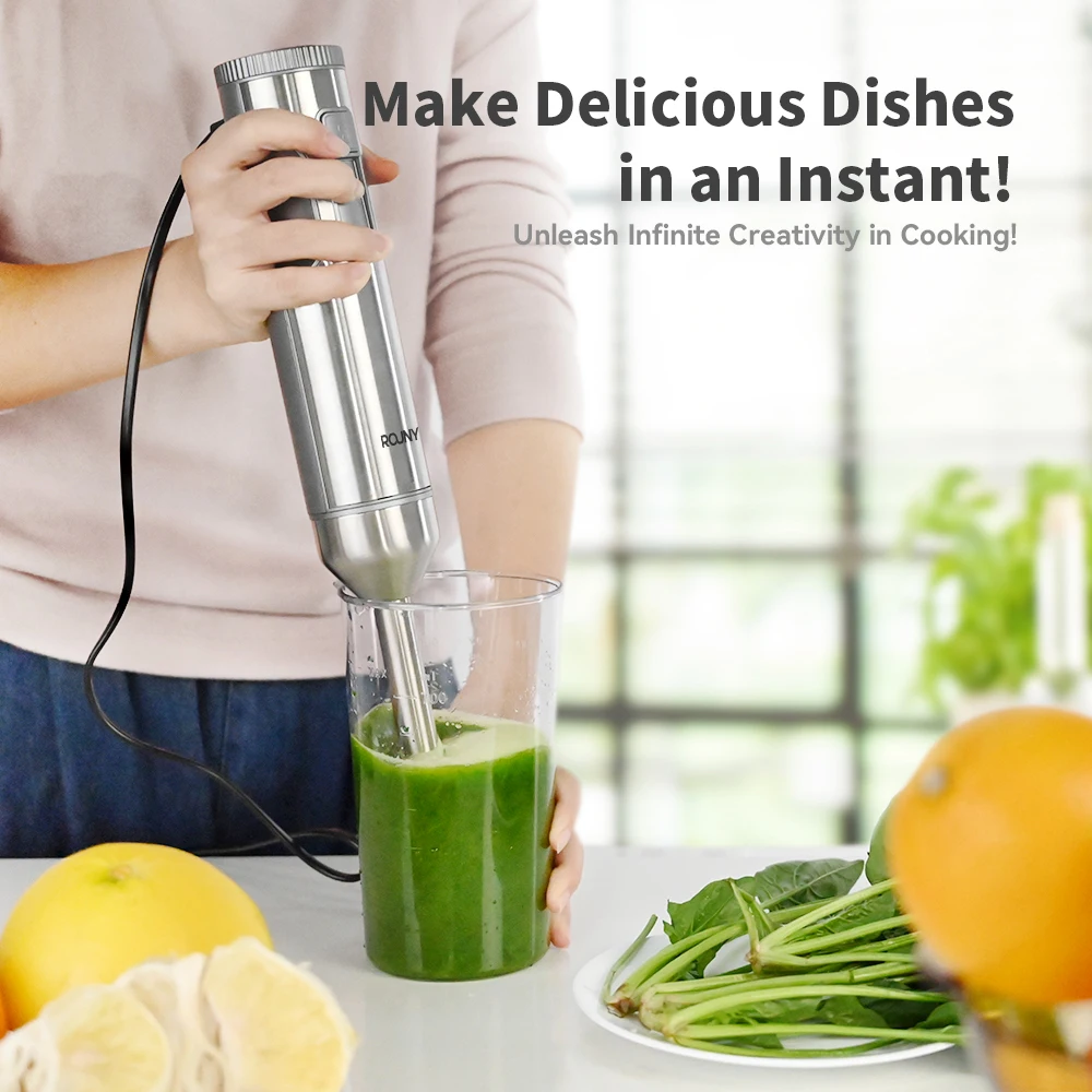 خلاط غمر يدوي 4 في 1، خلاط طعام قوي من الفولاذ المقاوم للصدأ، كوب خلط 700 مل، معالج 500 مل، خفق