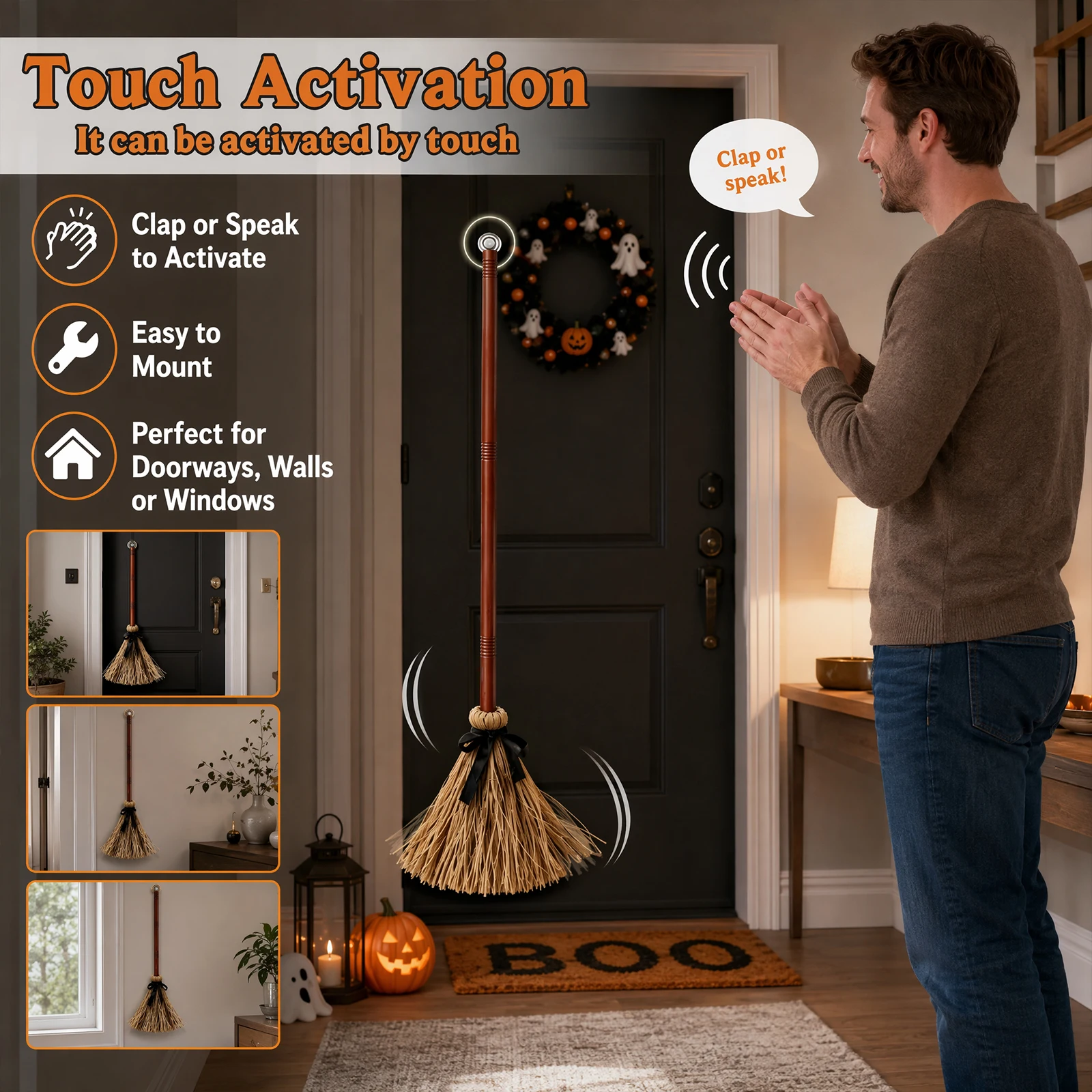 Floating Electric Witch Broom 95CM Halloween Haunted Animated Clap Voice Control Wall Door Window Mount Decor